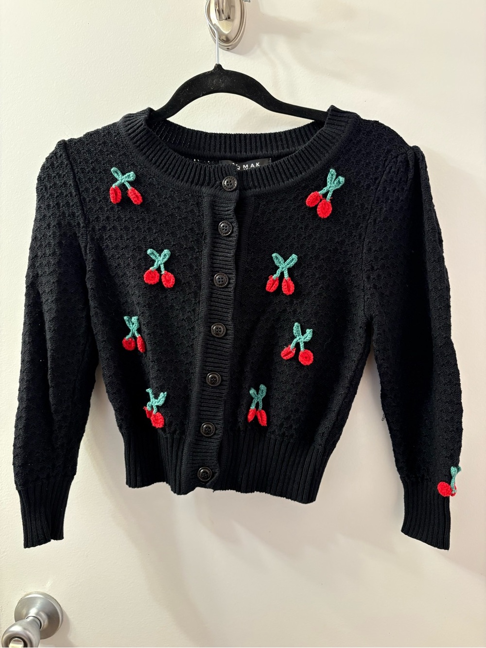 YEMAK Women's Cherry Pompom 3/4 Sleeve Cropped Honeycomb Knit Cardigan Sweater